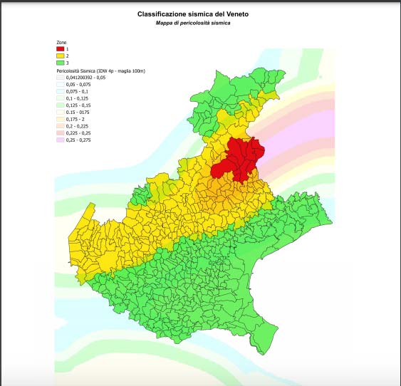 Cartina rappresentante la classificazione sismica del veneto