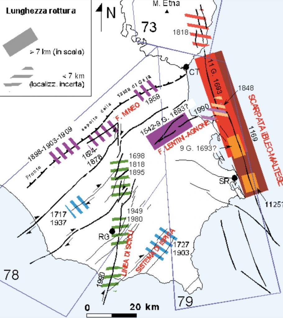 cartina con dettagli sismici della Sicilia sud orientale