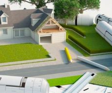 progetto in 3D rappresentante una villa con giardino con progetti sullo sfondo