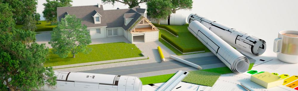 progetto in 3D rappresentante una villa con giardino con progetti sullo sfondo
