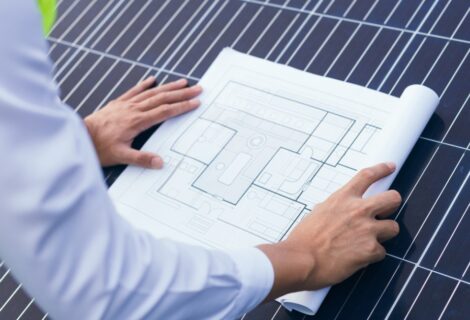 operatore con piantina su pannelli fotovoltaici